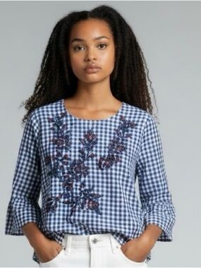 A. Moon Blu & Wht Gingham Embroidered Floral Cropped Top Women’s XL Cottagecore